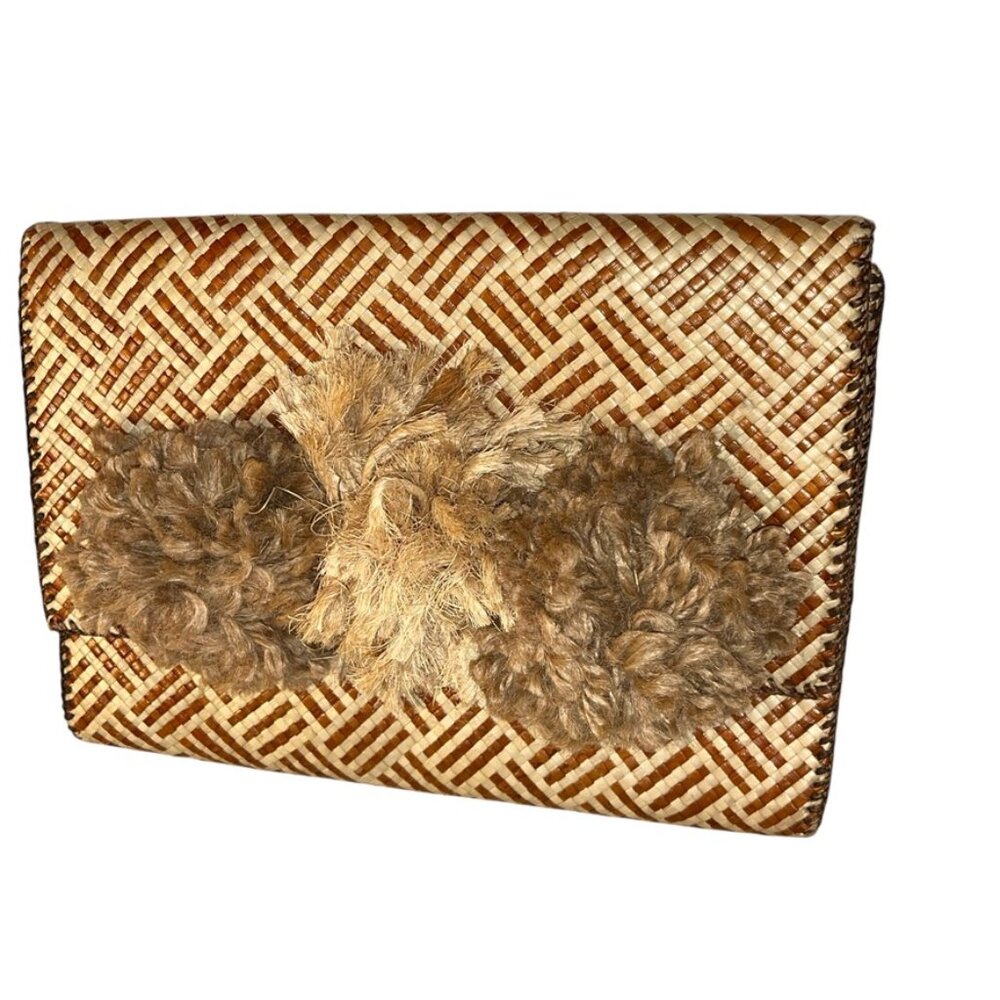 Spring sisal handmade pom poms embellished Phillipines straw clutch bag purse